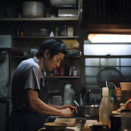 Asian man cooking in the kitchen at home, vintage color tone.の素材