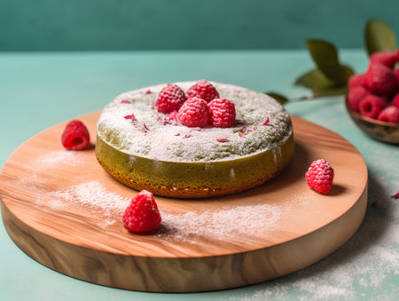 Chocolate cake with raspberries and powdered sugar on a green backgroundの素材