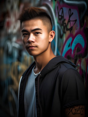 Portrait of a young asian man in front of graffiti wallの素材