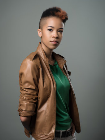 Young african american woman in leather jacket posing on grey backgroundの素材