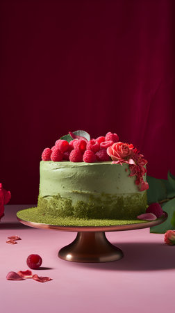 Green tea cake with raspberries and mint on a red backgroundの素材