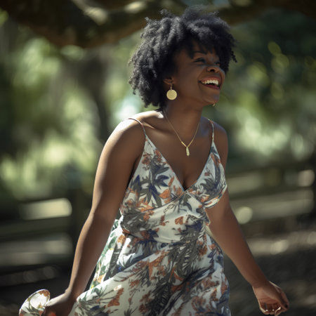 Beautiful african american woman in the park on a sunny dayの素材