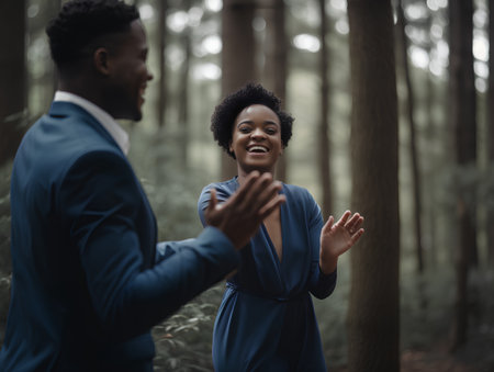 Young African American couple dancing together in the forest, having fun together.の素材