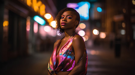 Beautiful african american woman in night city. Bokeh lights.の素材