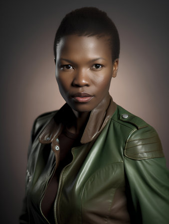 Portrait of a beautiful african american woman wearing leather jacketの素材