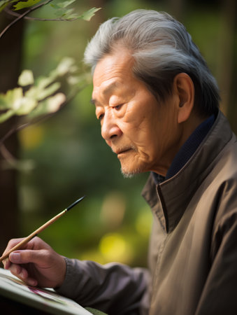 elderly asian man painting in the park (color toned image)の素材