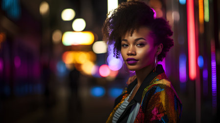 Beautiful african american woman with afro hairstyle in night cityの素材