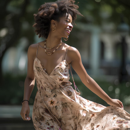 A beautiful African American model poses outdoors in an urban environment. Fashion and beauty.の素材