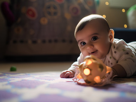 cute little baby girl with christmas ball on the floor at homeの素材