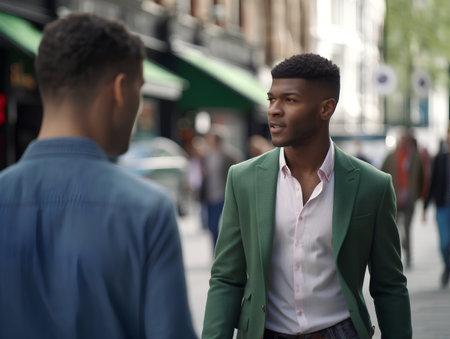 Young african american man talking to his friend in the streetの素材