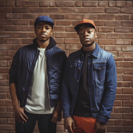 Two african american men in jeans jackets and caps standing against brick wallの素材