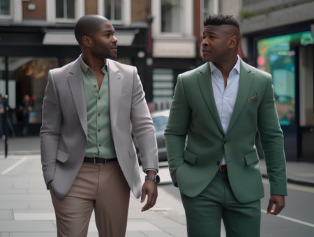 Two african american men in stylish suits walking in the city.の素材