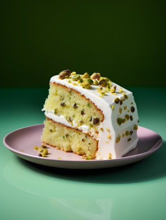 Cake with pistachios and cream on a green background.の素材
