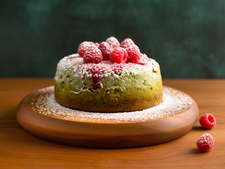 Green tea cake with raspberries on a wooden background. Selective focus.の素材