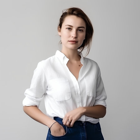 Portrait of a beautiful young brunette woman in a white shirtの素材