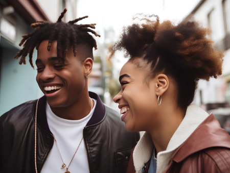 Portrait of two happy african american friends smiling and having fun in the cityの素材
