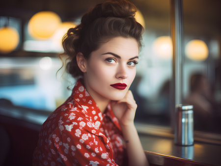 Portrait of a beautiful young woman in a cafe. Retro style.の素材