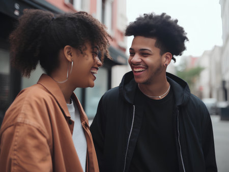 Portrait of a smiling young man and woman in the city.の素材