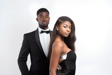 Beautiful african american woman in elegant evening dress and black man in the backgroundの素材