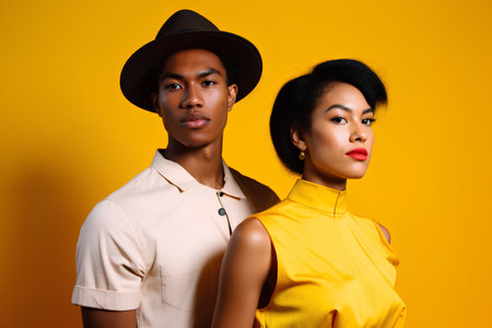 Young african american man and woman in stylish clothes on yellow backgroundの素材