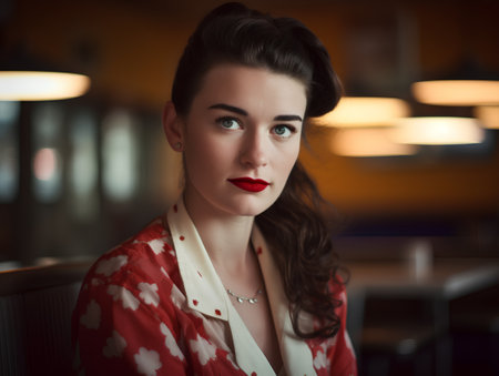 Portrait of a beautiful young woman with red lips in a restaurantの素材