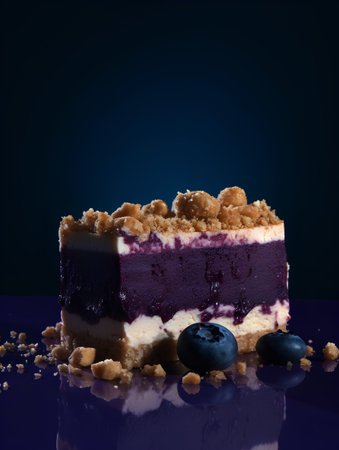 Blueberry cheesecake with fresh blueberries on a blue background.の素材