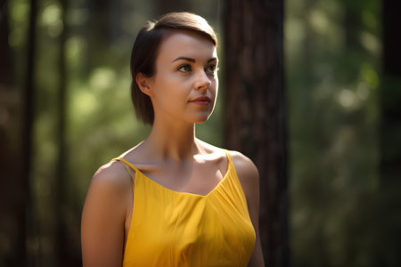 Portrait of young beautiful woman in yellow dress in the forest.の素材