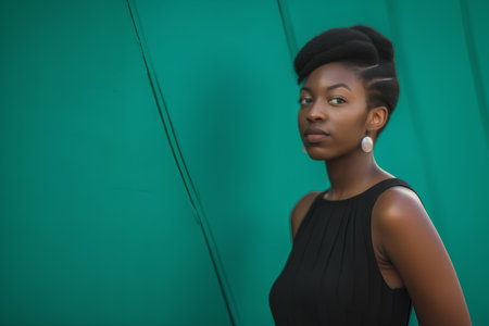 Beautiful african american woman in black dress and hat against green wallの素材