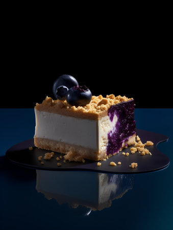 Cheesecake with blueberries on a black background with reflection.の素材