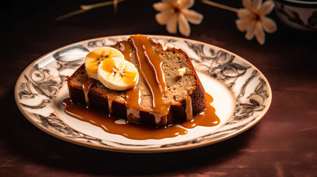 Slices of banana bread with caramel sauce on a plate.の素材