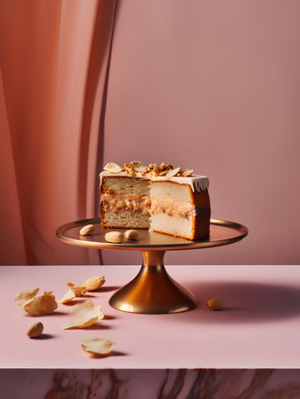 Piece of delicious cake with nuts on metal stand on pink backgroundの素材
