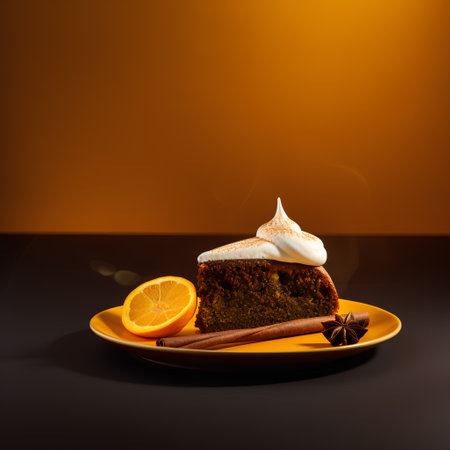 Orange cake with whipped cream on a yellow plate on a black background.の素材