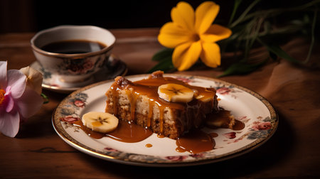 Piece of caramel cake with banana and caramel sauce on wooden tableの素材