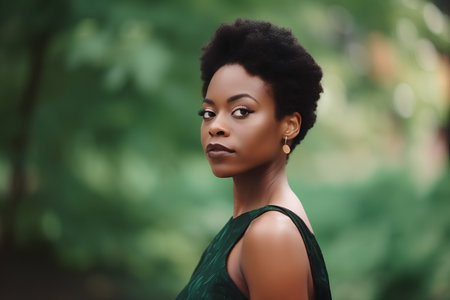 Beautiful african american woman in green dress at the parkの素材