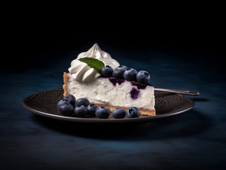 Blueberry cheesecake with whipped cream and fresh blueberries on dark backgroundの素材