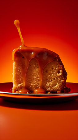 Slice of cake with caramel on a plate on a red backgroundの素材