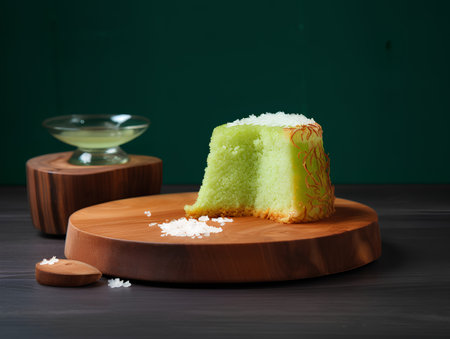 Green tea cake on a wooden board on a dark background, selective focus.の素材