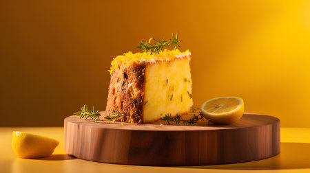 Tasty lemon cake with thyme and lemon on wooden stand on yellow backgroundの素材