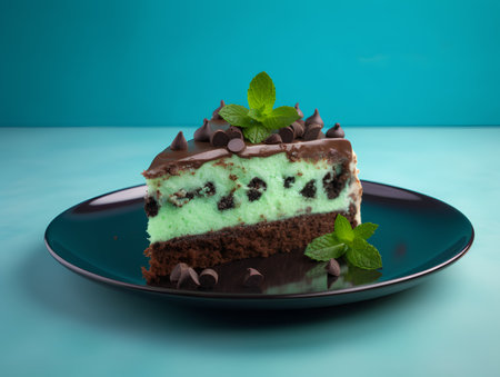 Piece of chocolate cake with mint and chocolate chips on a blue backgroundの素材