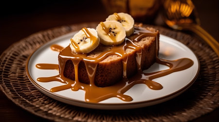 Piece of chocolate cake with banana and caramel sauce, selective focusの素材