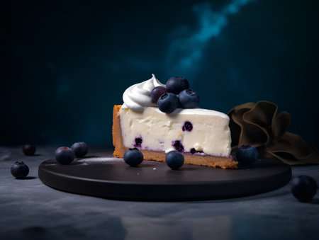 Blueberry cheesecake with whipped cream and fresh blueberries on dark backgroundの素材