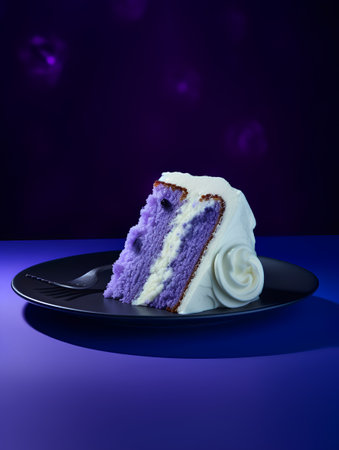 Slice of purple cake with cream on a black plate and purple backgroundの素材