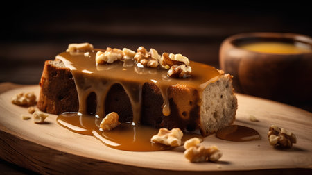 Caramel cake with walnuts and honey on a wooden background.の素材