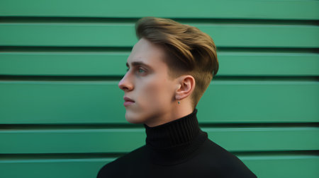 Handsome young man in black turtleneck sweater on green backgroundの素材