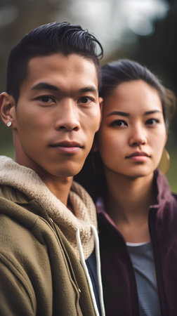 Portrait of young asian man and woman looking at camera outdoorsの素材
