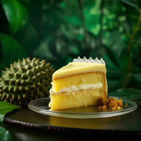 Creamy mango cake with fresh durian fruit on green backgroundの素材