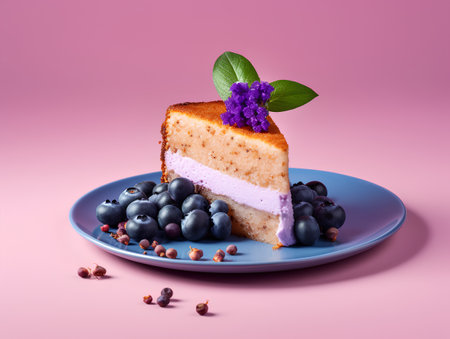 Piece of cheesecake with berries on a blue plate on a pink backgroundの素材