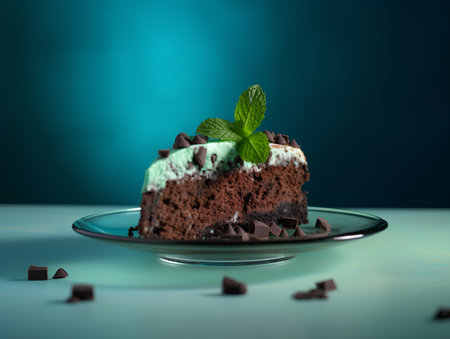 Chocolate cake with mint on a blue background. Selective focus.の素材