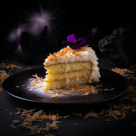 Cake on a black plate with a purple flower on a black backgroundの素材