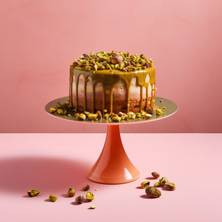 Pistachio cake with caramel and nuts on a pink backgroundの素材